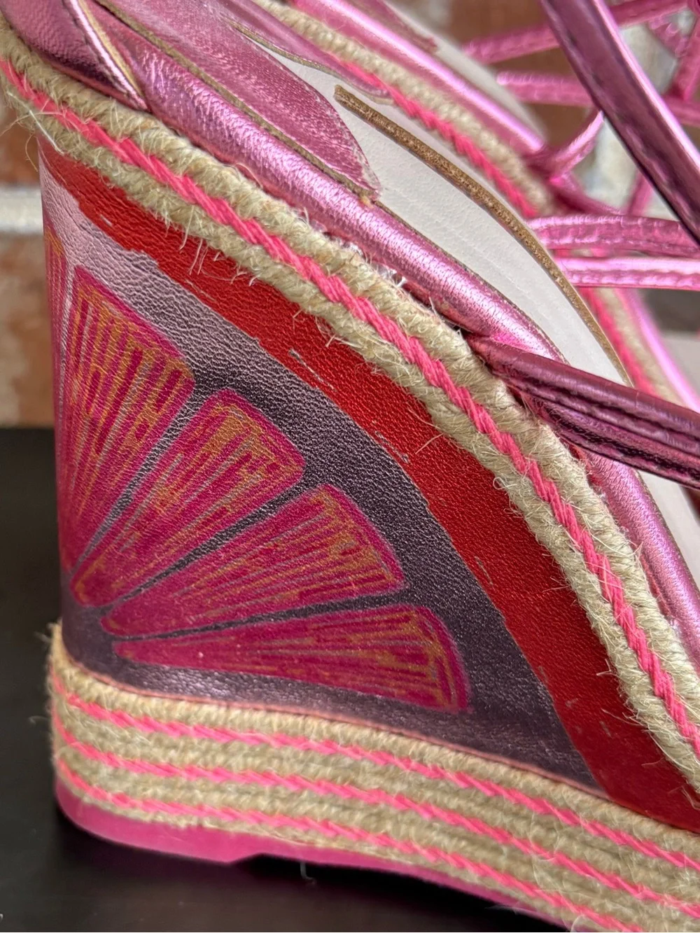 Sophia Webster Mimi Espadrille Wedge Sandals Metallic Citrus Pink EU Size 39